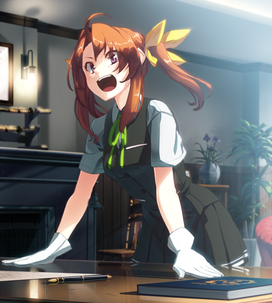 1girl :d ahoge arm_support black_skirt black_vest blush book buttons chair collared_shirt day fireplace flower flower_pot gloves green_neckwear green_ribbon hair_ribbon indoors kagerou_(kantai_collection) kantai_collection leaning_forward light long_hair looking_at_viewer neck_ribbon open_mouth paper parted_lips pen picture_frame plant pleated_skirt potted_plant redhead reflection ribbon sheath shiny shiny_hair shirt short_sleeves sidelocks skirt smile solo standing table takuzui two_side_up v-shaped_eyebrows vase vest violet_eyes white_gloves white_shirt wing_collar yellow_ribbon
