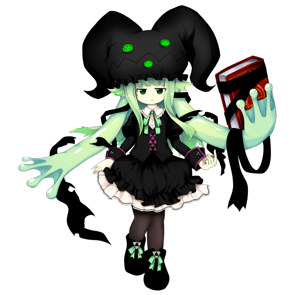 1girl anmita_(rarutos) book_of_star_mythology bubble_skirt dress expressionless fuma_mishandra green_eyes green_hair hat long_hair long_sleeves official_art original puffy_sleeves ribbon shirt sidelocks skirt solo touhou