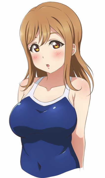 1girl bangs bare_shoulders blush breasts brown_hair competition_swimsuit covered_navel eyebrows_visible_through_hair kunikida_hanamaru long_hair looking_at_viewer love_live! love_live!_sunshine!! medium_breasts one-piece_swimsuit open_mouth orange_eyes solo surprised swimsuit turkey_min upper_body white_background