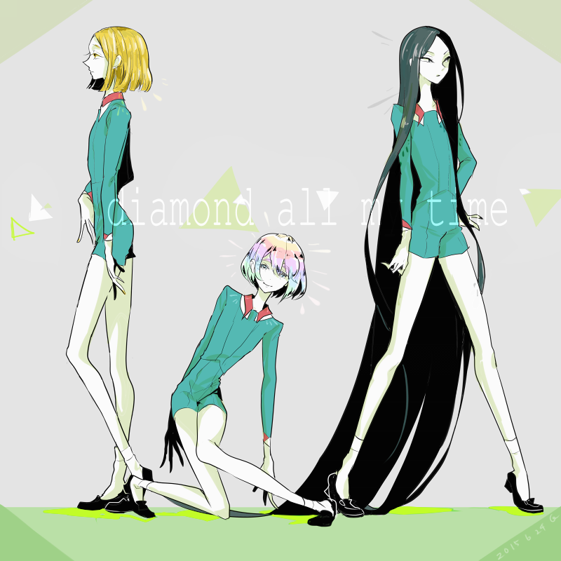 androgynous black_eyes black_footwear black_hair blonde_hair bort cojimama dated diamond_(houseki_no_kuni) houseki_no_kuni long_hair multicolored_hair parody perfume short_hair signature smile socks sparkle yellow_diamond_(houseki_no_kuni) yellow_eyes