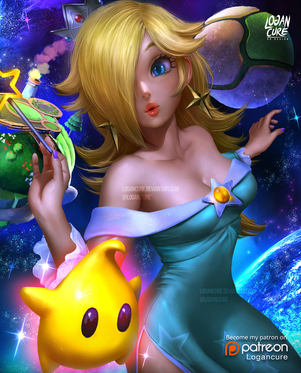 1girl blonde_hair blue_eyes chiko_(mario) crown dress earrings galaxy hair_over_one_eye highres jewelry logan_cure long_hair super_mario_bros. nintendo planet rosetta_(mario) smile space star star_earrings super_mario_galaxy very_long_hair wand