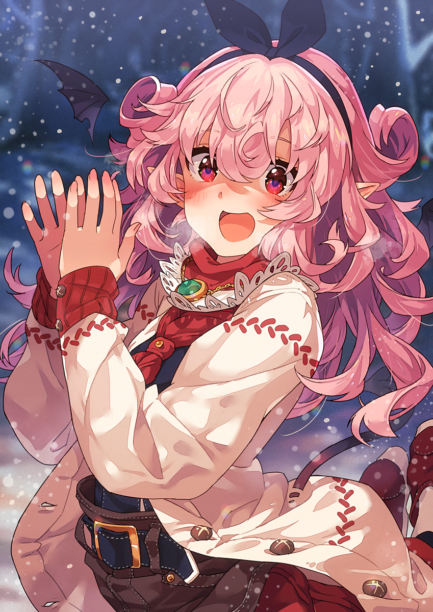 1girl animal_ears bow highres looking_at_viewer mano_(narumi_arata) narumi_arata original pink_hair red_eyes snow solo