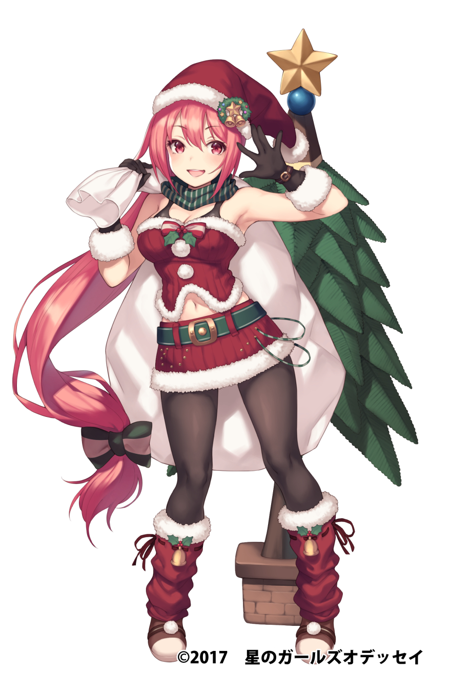 1girl :d antares_(hoshi_no_girls_odyssey) bell belt black_gloves black_legwear blush boots bow breasts christmas christmas_tree cleavage commentary_request full_body fur_trim gloves green_scarf hat highres hoshi_no_girls_odyssey long_hair looking_at_viewer navel open_mouth pantyhose pokachu red_eyes redhead sack santa_hat scarf simple_background skirt smile solo striped striped_scarf very_long_hair white_background