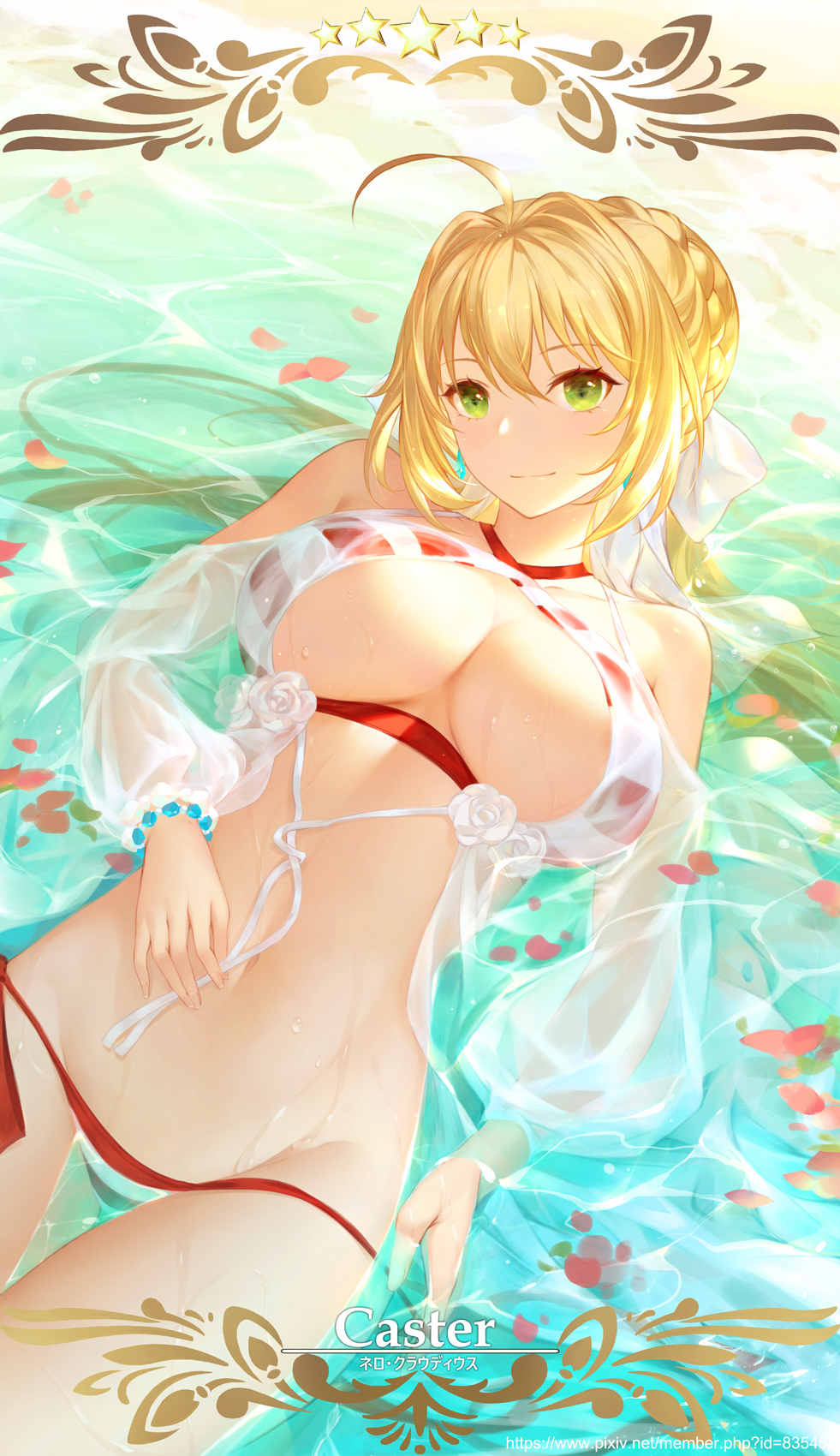 1girl bangs bare_shoulders beach bikini bikini_pull blonde_hair bracelet breasts cangkong cleavage closed_mouth cowboy_shot criss-cross_halter day fate/grand_order fate_(series) flower from_above green_eyes halterneck head_tilt highres jewelry large_breasts long_hair looking_at_viewer lying navel nero_claudius_(fate)_(all) nero_claudius_(swimsuit_caster)_(fate) on_back pearl_bracelet petals petals_on_water pulled_by_self red_bikini rose see-through smile solo star stomach striped striped_bikini swimsuit tareme thigh_gap thighs very_long_hair water water_drop watermark web_address wet white_rose