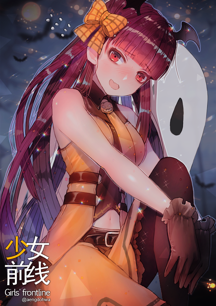 1girl alternate_costume bangs bare_shoulders bat_hair_ornament belt black_gloves black_legwear blush bow breasts bullpup carrying carrying_under_arm chocolate_hair dress eyebrows eyebrows_visible_through_hair fang flying_sweatdrops food_themed_hair_ornament full_body ghost girls_frontline gloves hair_bow hair_ornament hair_ribbon halloween halloween_costume hanato_(seonoaiko) hands_on_legs high_heels holding large_breasts long_hair looking_at_viewer navel necktie one_leg_raised one_side_up open_mouth pantyhose pumpkin pumpkin_hair_ornament purple_hair red_eyes ribbon side_ponytail sitting sitting_on_object solo sparkle twitter_username very_long_hair wa2000_(girls_frontline)