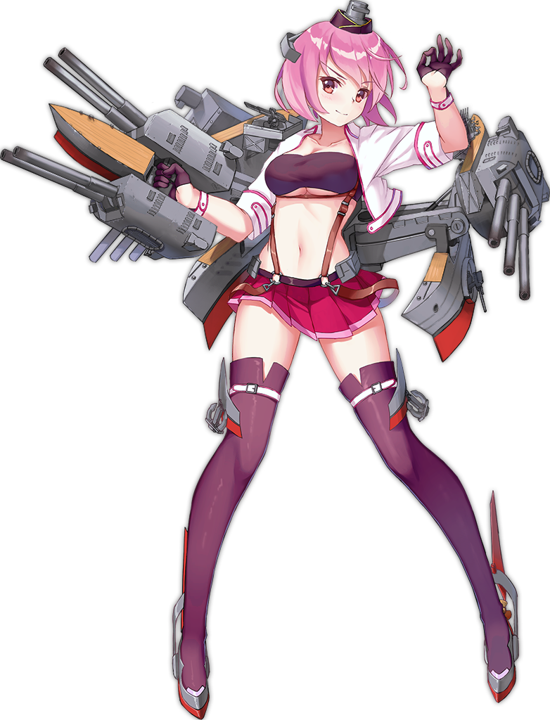 1girl azur_lane black_gloves breasts cleavage closed_mouth collarbone cropped_jacket full_body gloves grey_footwear hair_ornament jacket machinery medium_breasts midriff miniskirt navel official_art ok_sign open_clothes open_jacket orange_eyes pensacola_(azur_lane) pink_hair pleated_skirt purple_legwear red_skirt shiny shiny_hair shoes short_hair simple_background skirt smile solo stomach thigh-highs transparent_background turret under_boob white_jacket zettai_ryouiki zi_se