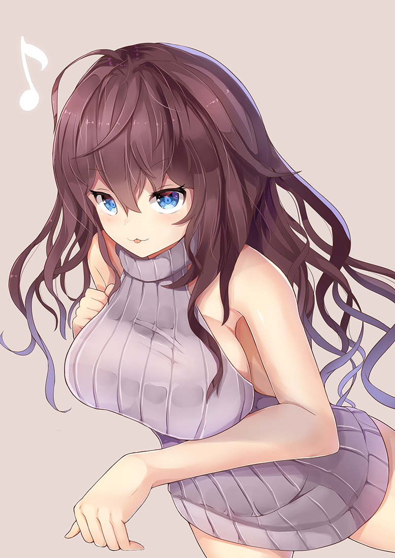 1girl ahoge alternate_costume aran_sweater backless_outfit bangs bare_arms bare_back bare_shoulders beamed_quavers blue_eyes breasts brown_hair butt_crack commentary_request dress eyebrows_visible_through_hair grey_sweater halterneck ichinose_shiki idolmaster idolmaster_cinderella_girls large_breasts long_hair looking_at_viewer meme_attire musical_note naked_sweater open-back_dress quaver ribbed_sweater se-u-ra sideboob sleeveless sleeveless_turtleneck solo sweater sweater_dress turtleneck turtleneck_sweater virgin_killer_sweater wardrobe_error wavy_hair