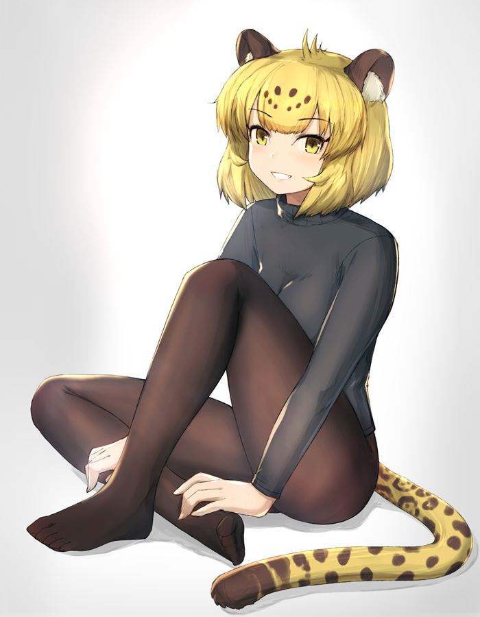 1girl black_legwear blonde_hair blush breasts eyebrows_visible_through_hair iwahana jaguar_(kemono_friends) jaguar_ears jaguar_tail kemono_friends large_breasts long_sleeves looking_at_viewer pantyhose parted_lips short_hair smile solo sweater teeth yellow_eyes