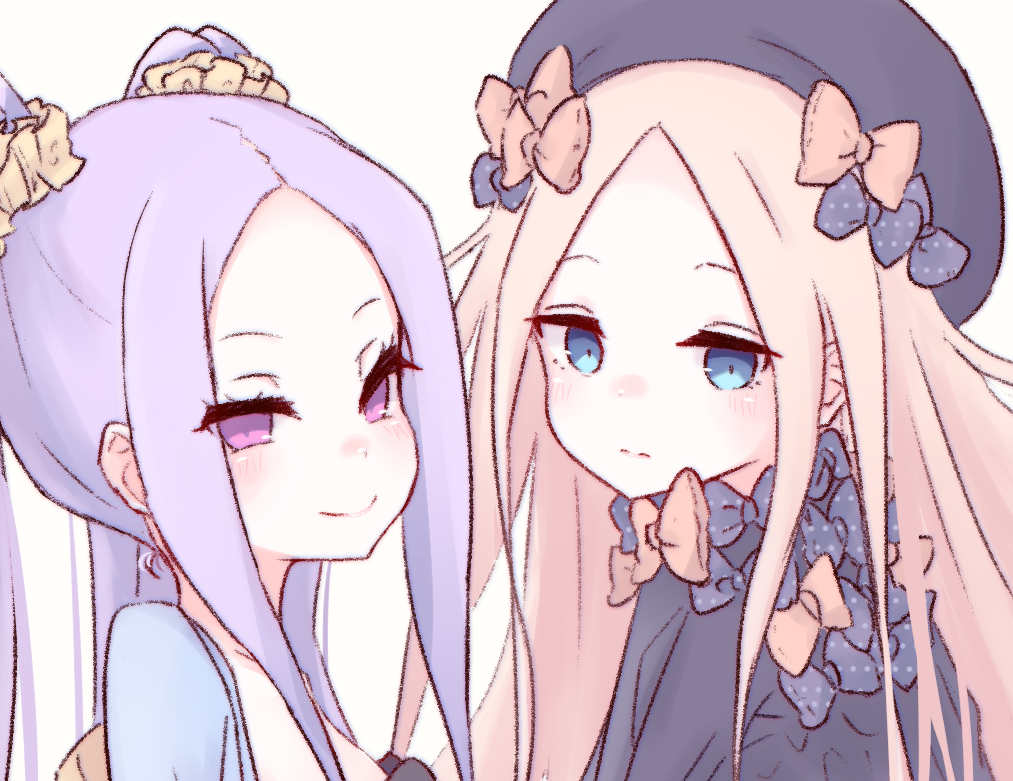 2girls abigail_williams_(fate/grand_order) bangs black_bow black_dress black_hat blonde_hair blue_eyes blush bow closed_mouth collarbone dress fate/grand_order fate_(series) hair_ornament hair_scrunchie hat long_hair looking_at_viewer multiple_girls orange_bow parted_bangs pink_eyes polka_dot polka_dot_bow purple_hair ruten_(onakasukusuku) scrunchie sidelocks simple_background smile tsurime twintails very_long_hair white_background wu_zetian_(fate/grand_order) yellow_scrunchie