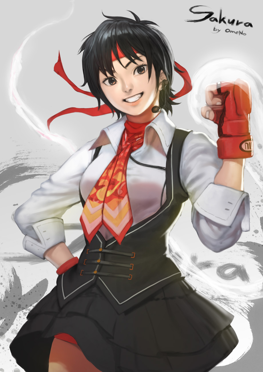 1girl black_hair boots fingerless_gloves gloves headband headset highres kasugano_sakura looking_at_viewer red_gloves rungsak_sontayanont scarf smile solo street_fighter street_fighter_v