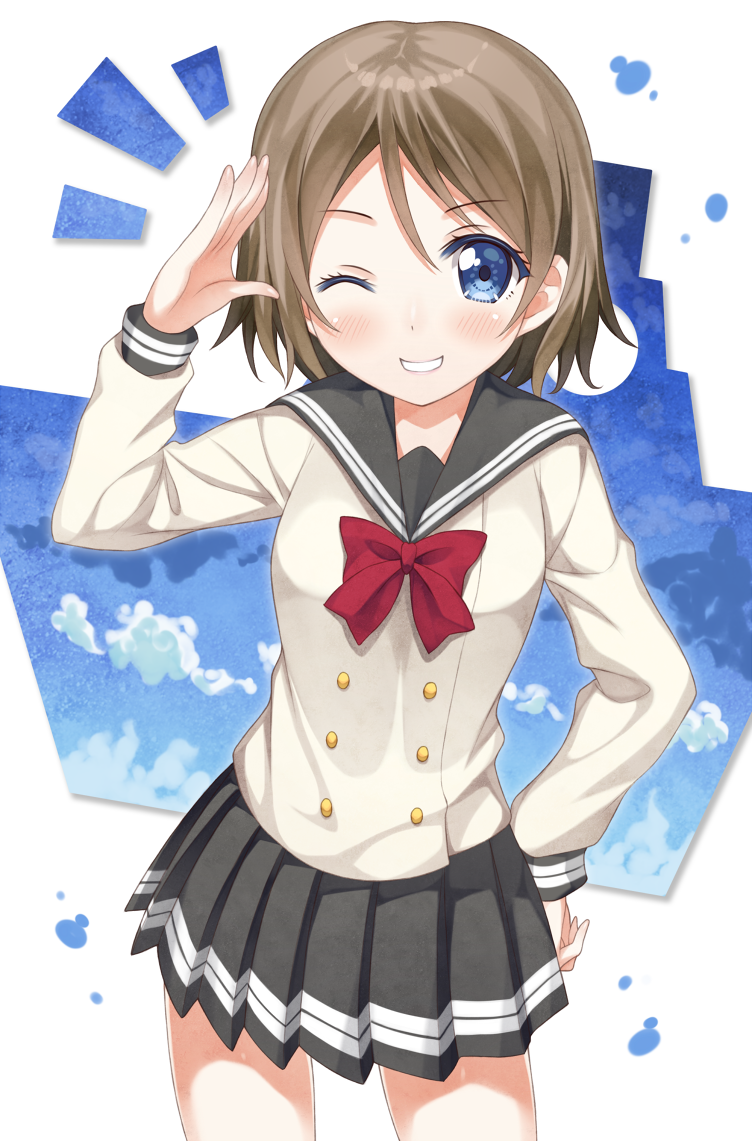 blue_eyes grey_hair short_hair watanabe_you wink