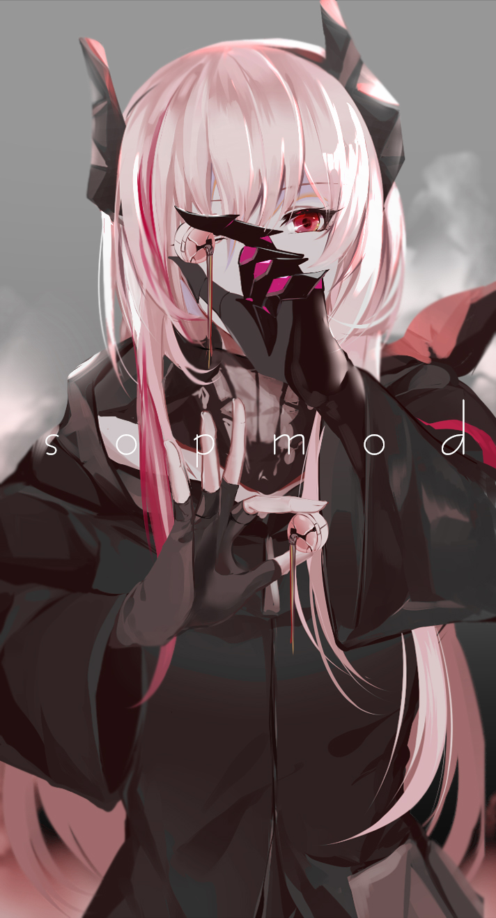 1girl arms_up asymmetrical_gloves bangs character_name clouds cloudy_sky dark_sky dow eyebrows_visible_through_hair fingerless_gloves girls_frontline gloves hair_between_eyes half-closed_eye head_tilt headgear highres holding holding_earphone jacket long_hair long_sleeves looking_at_viewer m4_sopmod_ii_(girls_frontline) multicolored_hair one_eye_closed pink_hair red_eyes redhead scarf sidelocks sky solo streaked_hair wide_sleeves