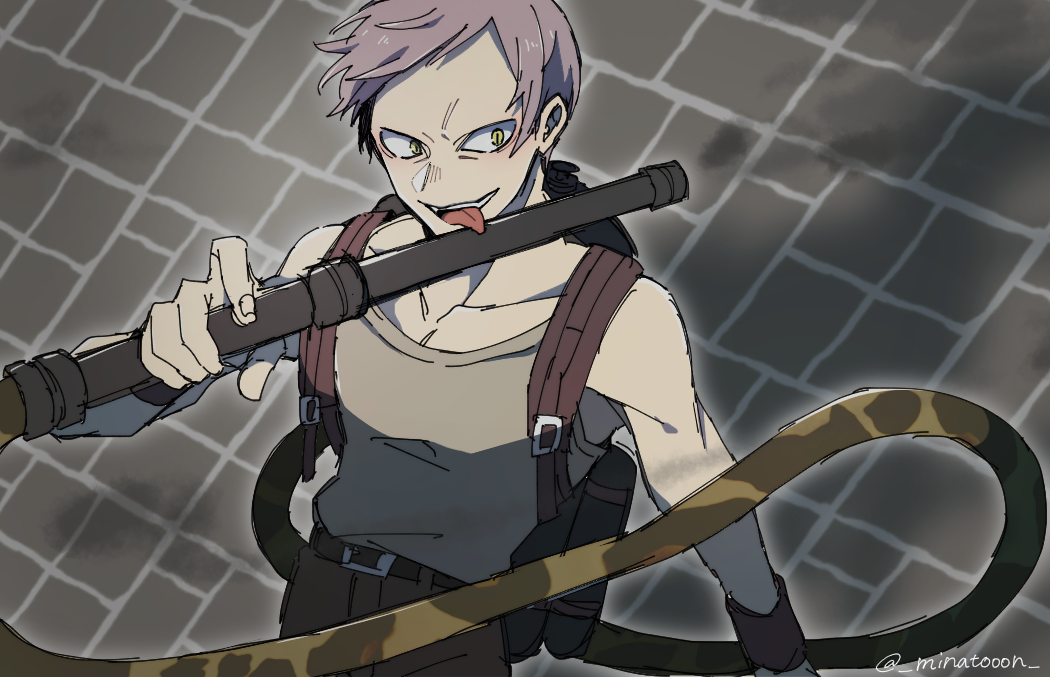 1boy chain-link_fence fence flamethrower juuni_taisen lavender_hair licking licking_weapon male_focus minato_(rigu_hm) smile solo tank_top tongue tongue_out tsumita_takeyasu twitter_username upper_body weapon yellow_eyes