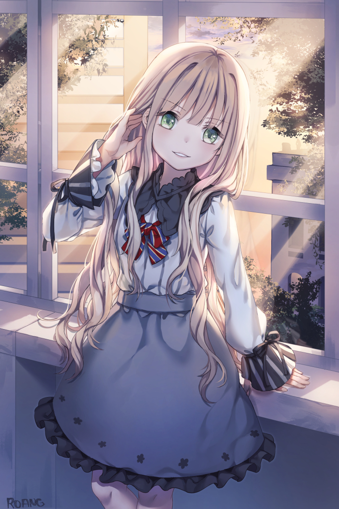 1girl bangs blonde_hair bow building evening green_eyes hair_tucking indoors leaning_back long_sleeves looking_at_viewer original parted_lips roang skirt sleeves_past_wrists smile solo tree wavy_hair window