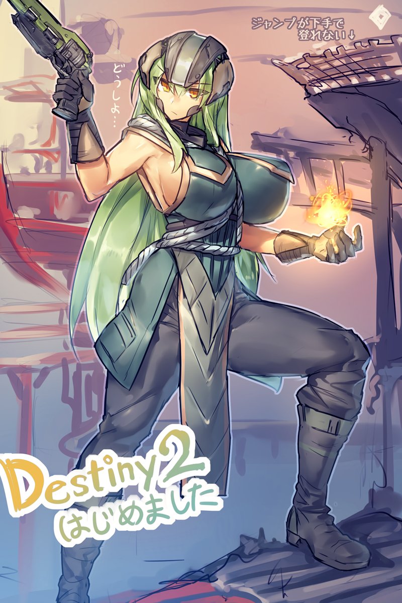 armpit_peek between_breasts breasts destiny_(game) fire green_hair gun handgun highres huge_breasts long_hair melon22 orange_eyes revolver robe rope very_long_hair warlock_(destiny) weapon