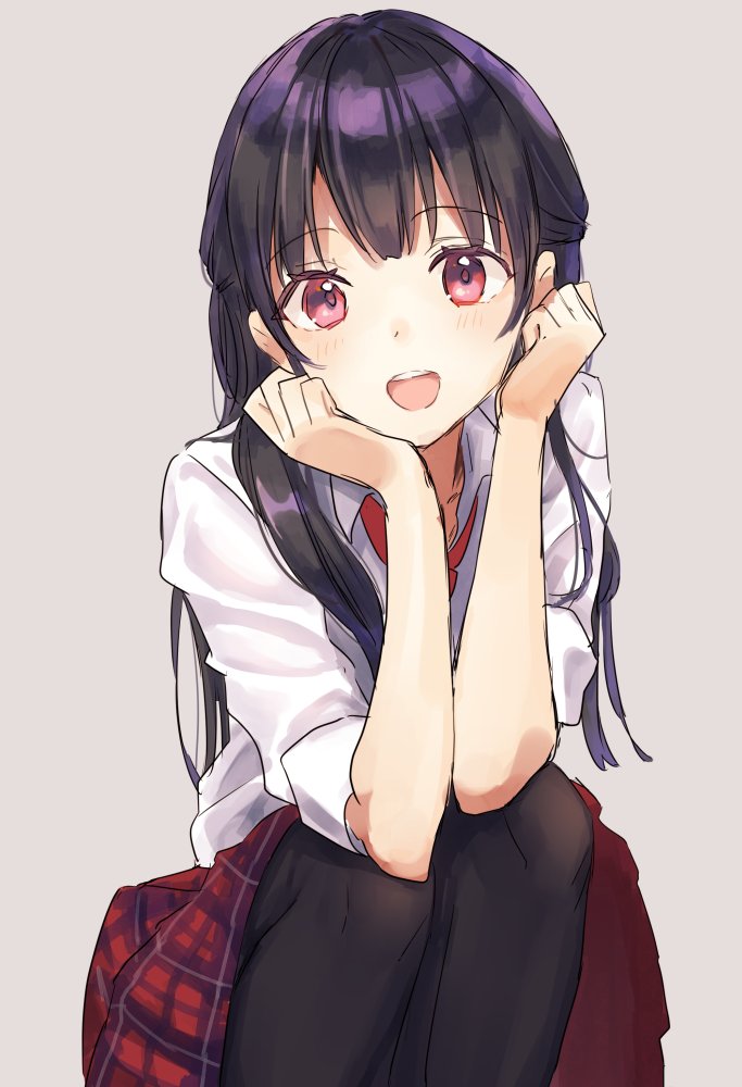 1girl :d bangs black_hair black_legwear elbows_on_knees eyebrows_visible_through_hair grey_background hands_up looking_at_viewer open_mouth original pantyhose pink_eyes red_neckwear red_skirt rimo shirt simple_background skirt sleeves_rolled_up smile solo squatting white_shirt