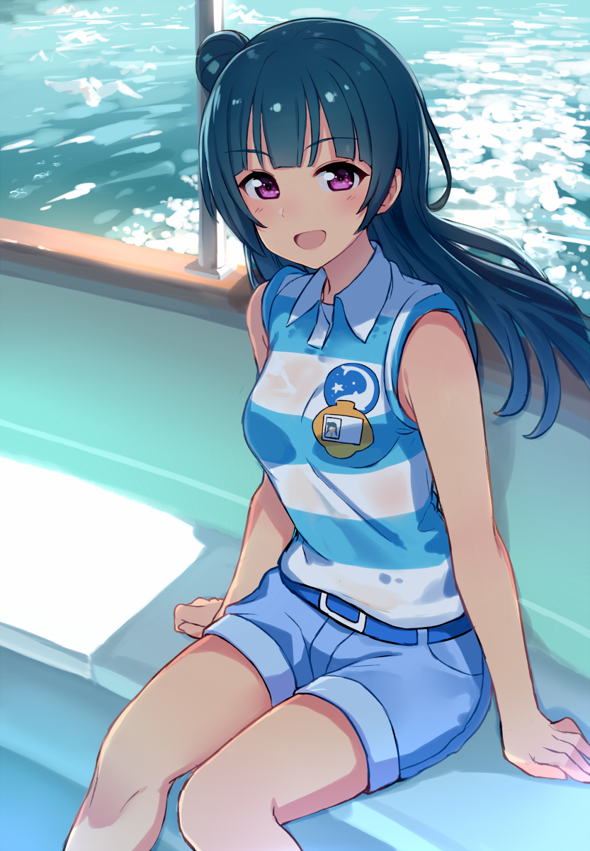 1girl :d arms_at_sides bangs bare_shoulders belt belt_buckle blue_shirt blue_shorts blunt_bangs blush boat breasts buckle day eyebrows_visible_through_hair hair_bun hajime_kaname highres long_hair looking_at_viewer love_live! love_live!_sunshine!! open_mouth outdoors shiny shiny_hair shirt shorts side_bun sitting sleeveless sleeveless_shirt small_breasts smile solo striped striped_shirt sunlight tareme tsushima_yoshiko violet_eyes water watercraft wet wet_clothes wet_shirt