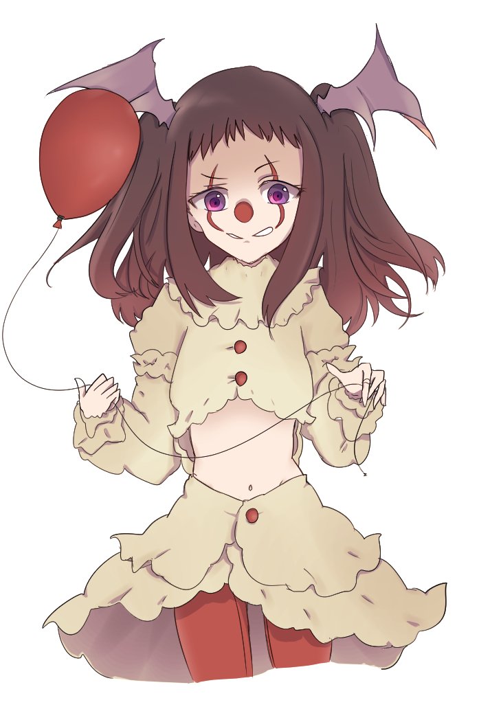 1girl balloon brown_hair clown cosplay cowboy_shot crop_top facepaint idolmaster idolmaster_cinderella_girls kappa_(comodomonster) koseki_reina long_hair looking_at_viewer midriff pennywise pennywise_(cosplay) red_balloon red_legwear skirt smile solo two_side_up violet_eyes white_background