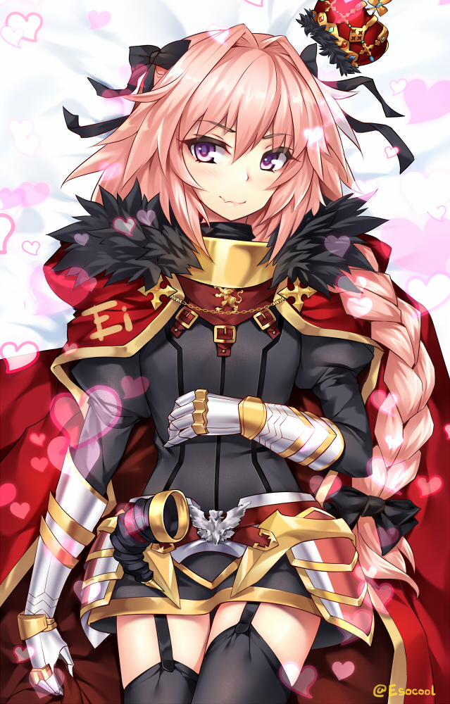 1boy astolfo_(fate) bed_sheet black_bow black_ribbon bow cape cowboy_shot crown dakimakura eisocool fang fate/apocrypha fate/grand_order fate_(series) garter_straps hair_intakes hair_ribbon jewelry long_hair looking_at_viewer lying male_focus mini_crown multicolored_hair on_back pink_hair ribbon smile streaked_hair trap violet_eyes waistcoat