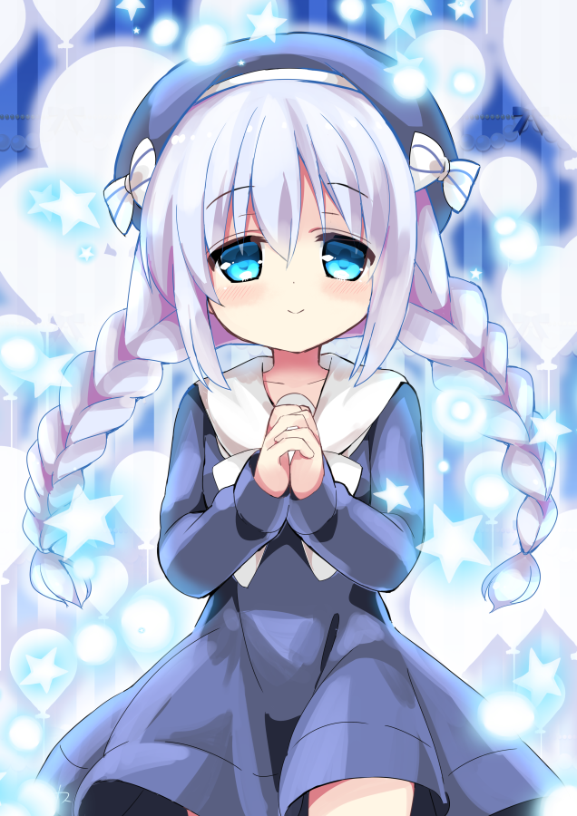 1girl alternate_hairstyle balloon beret blue_background blue_dress blue_eyes blue_hair blue_hat blush bow braid closed_mouth collarbone dress eyebrows_visible_through_hair glowing gochuumon_wa_usagi_desu_ka? hair_between_eyes hands_clasped hat himarisu_(hida_mari) kafuu_chino light_particles long_hair long_sleeves looking_at_viewer low_twintails own_hands_together sailor_dress silhouette smile solo star striped striped_bow twin_braids twintails vertical-striped_background vertical_stripes white_bow
