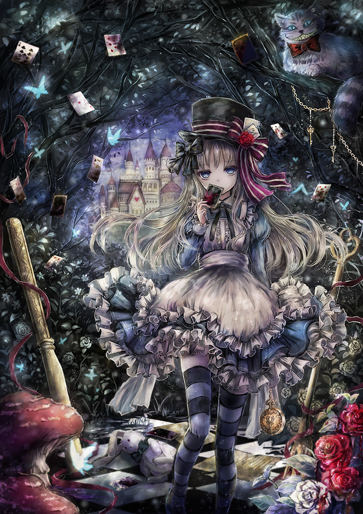 1girl alice_(wonderland) alice_in_wonderland apron blonde_hair blue_dress blue_eyes bow card castle checkered checkered_floor cheshire_cat dress emone04 flower forest fork frilled_dress frills grin hair_bow hat hat_bow knife long_hair long_sleeves looking_at_viewer mushroom nature original playing_card pocket_watch puffy_long_sleeves puffy_sleeves red_rose rose sharp_teeth smile standing striped striped_legwear stuffed_animal stuffed_bunny stuffed_toy teeth thigh-highs top_hat watch white_rose