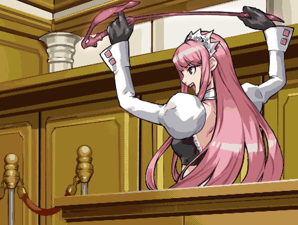 1girl adapted_costume cosplay courtroom crop_top crown fate/grand_order fate_(series) gyakuten_saiban juliet_sleeves karuma_mei karuma_mei_(cosplay) long_hair long_sleeves medb_(fate/grand_order) nekoremon parody pink_hair pixel_art puffy_sleeves riding_crop smile solo