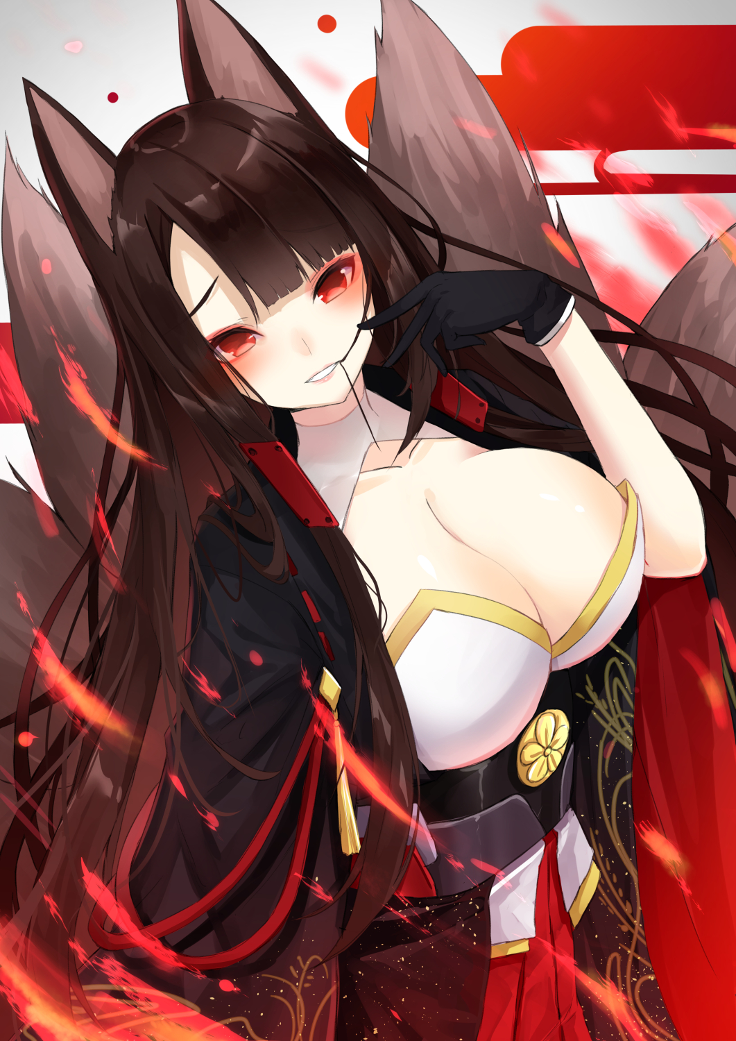 1girl akagi_(azur_lane) animal_ears azur_lane bangs black_gloves blunt_bangs blush breasts brown_hair cleavage collarbone cowboy_shot egasumi eyebrows_visible_through_hair eyeshadow fire flame fox_ears fox_tail gloves hair_in_mouth hand_up highres kitsune large_breasts long_hair long_sleeves looking_at_viewer makeup multiple_tails obi parted_lips pecco_chan raised_eyebrows red_eyes ribbon_trim sash smile solo standing tail tassel tsurime underbust very_long_hair wide_sleeves