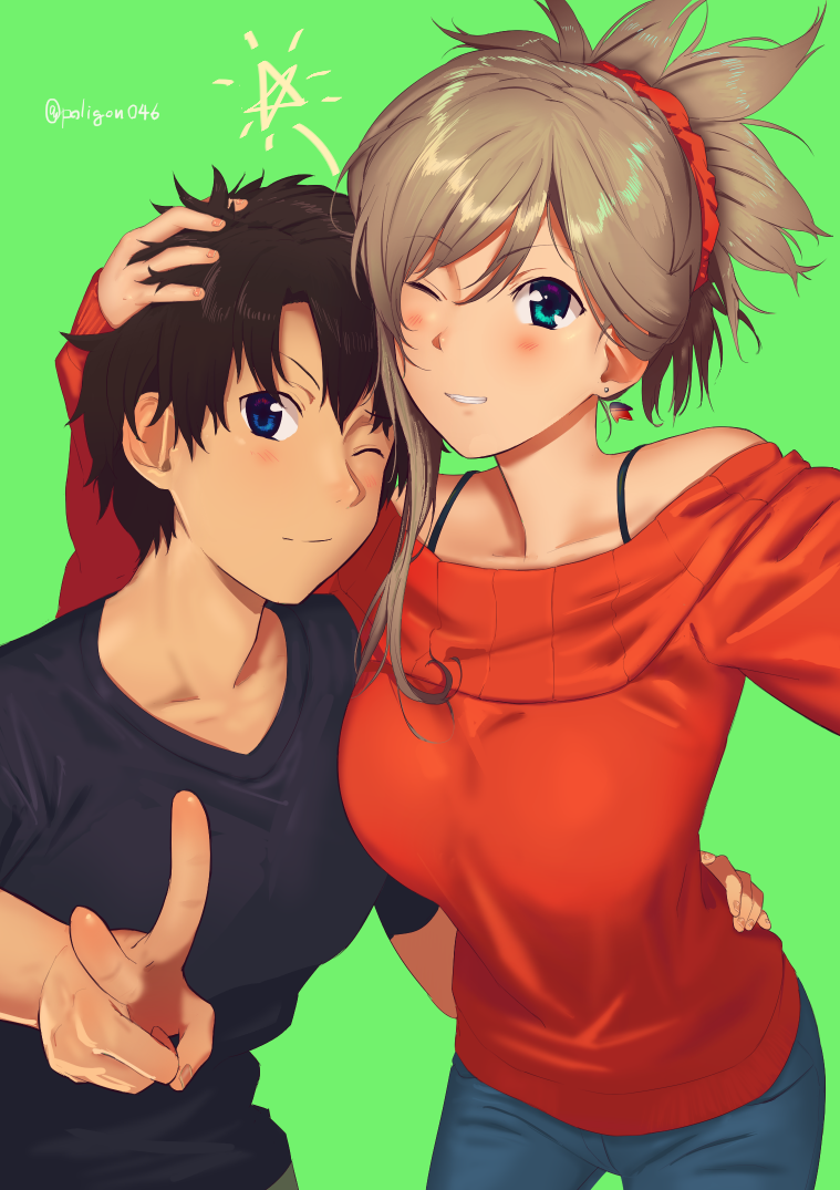 1boy 1girl aqua_eyes arm_around_waist asymmetrical_hair black_hair black_shirt blue_eyes blue_pants blush bra_strap breasts brown_hair casual collarbone earrings eyebrows_visible_through_hair fate/grand_order fate_(series) fujimaru_ritsuka_(male) green_background hair_ornament hair_tousle hand_in_another's_hair hand_on_hip height_difference jewelry large_breasts long_sleeves looking_at_viewer miyamoto_musashi_(fate/grand_order) off-shoulder_sweater one_eye_closed pants parted_lips poligon_(046) ponytail red_sweater scrunchie shirt side-by-side simple_background smile sweater twitter_username v