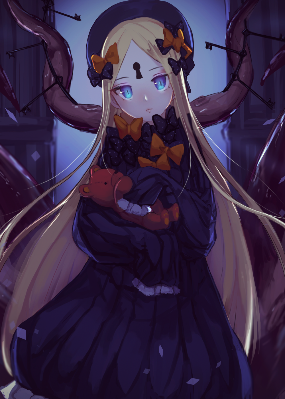 1girl abigail_williams_(fate/grand_order) bangs black_bow black_dress black_hat blonde_hair blue_eyes bow closed_mouth commentary_request dress fate/grand_order fate_(series) glowing glowing_eyes hair_bow hands_in_sleeves hat head_tilt highres holding holding_stuffed_animal key keyhole long_hair long_sleeves looking_at_viewer odeng_touken orange_bow parted_bangs polka_dot polka_dot_bow solo stuffed_animal stuffed_toy teddy_bear tentacle very_long_hair