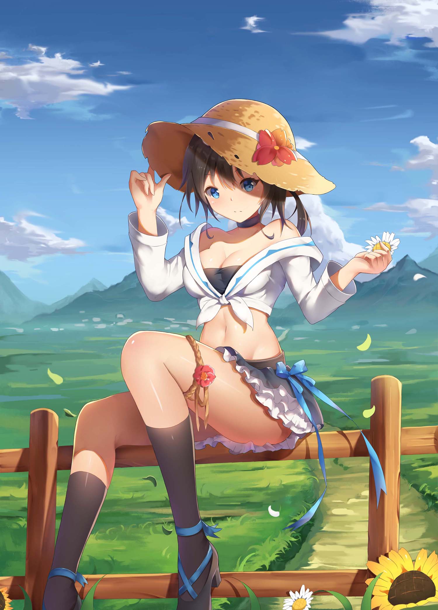 1girl ankle_ribbon bandeau bare_shoulders black_footwear black_hair blue_eyes blue_ribbon breasts choker cleavage closed_mouth clouds day fence flower frilled_skirt frills front-tie_top hand_on_headwear hat hat_flower high_heels highres jpeg_artifacts kneehighs layered_skirt long_sleeves looking_at_viewer medium_breasts midriff miniskirt mountain navel off-shoulder_shirt outdoors petals ribbon road shirt siting sitting_on_fence skirt sky solo sun_hat sunflower thigh_strap thighs tied_shirt yamaku_ujou