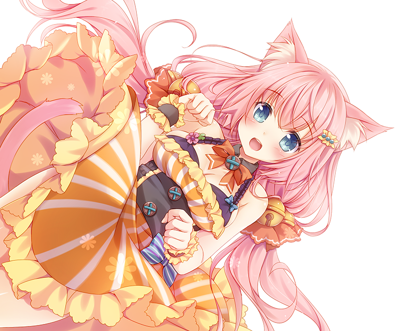 1girl :d animal_ears bangs bare_arms bare_shoulders bell blue_eyes blush bow bowtie breasts cat_ears cat_girl cat_tail commentary_request dress eyebrows_visible_through_hair hair_bell hair_between_eyes hair_ornament hair_ribbon jingle_bell looking_at_viewer medium_breasts minakami_rinka open_mouth orange_dress orange_neckwear orange_ribbon original pink_hair ribbon simple_background smile solo striped tail vertical-striped_dress vertical_stripes white_background wrist_cuffs