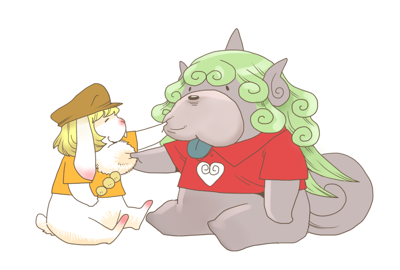 commentary curly_hair dango food green_hair hat horn komano_aun komano_aun_(komainu) long_hair no_humans onikobe_rin ringo_(touhou) ringo_(touhou)_(bunny) shirt short_hair sitting t-shirt tongue tongue_out touhou wagashi