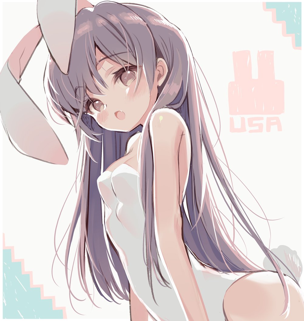 1girl :o animal_ears arched_back bangs bare_arms bare_shoulders breasts brown_eyes brown_hair bunny_girl bunny_tail bunnysuit commentary eyebrows_visible_through_hair fang hair_between_eyes head_tilt kurokuma_(kuro_kumagaya) leotard long_hair looking_at_viewer medium_breasts open_mouth original rabbit_ears solo strapless strapless_leotard tail very_long_hair white_leotard