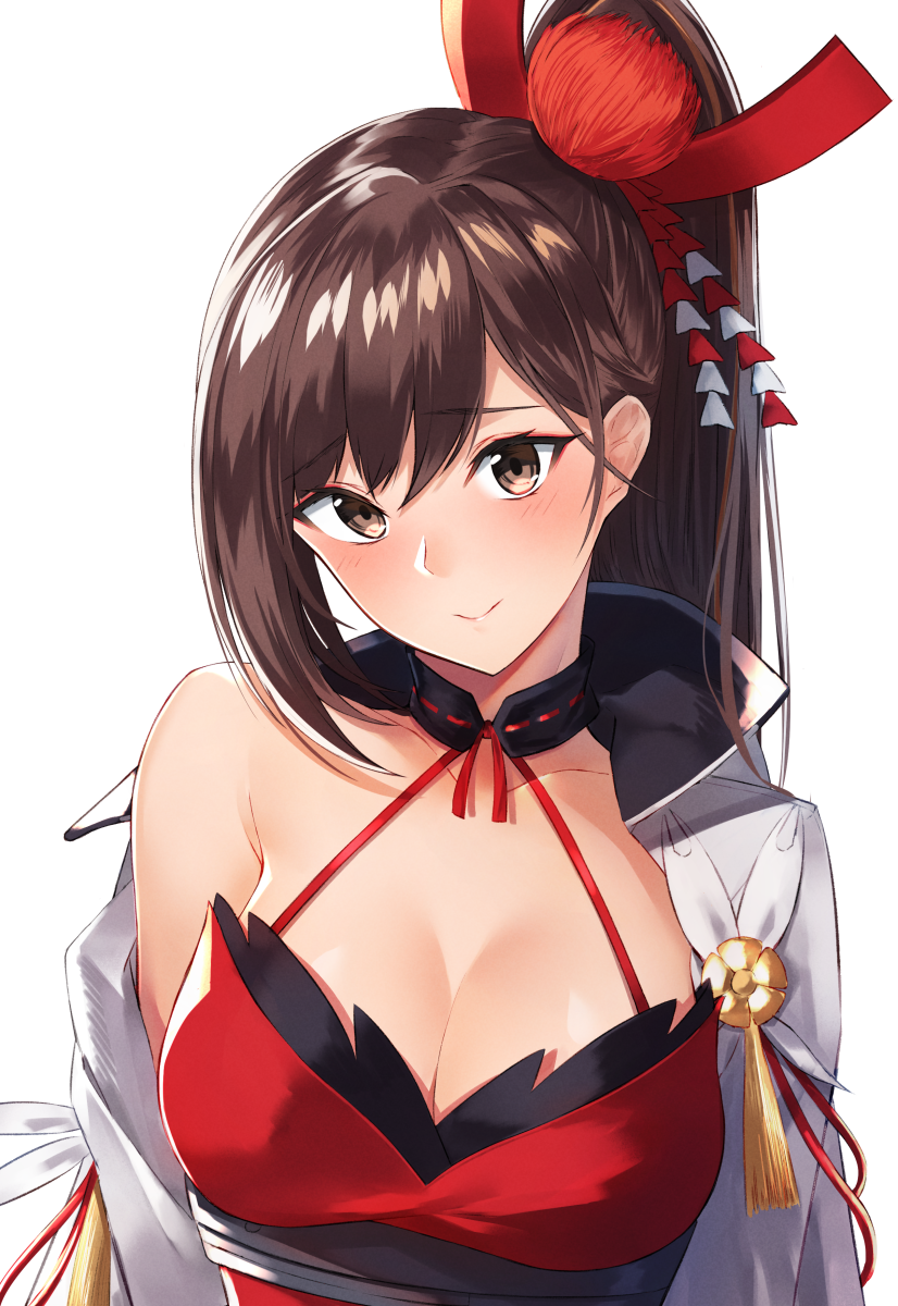 1girl azur_lane bangs blush breasts brown_eyes brown_hair cleavage closed_mouth commentary_request cowboy_shot dress eyebrows_visible_through_hair gen_(gen_7254) hair_ornament highres japanese_clothes large_breasts long_hair looking_at_viewer ponytail smile solo upper_body very_long_hair wide_sleeves zuikaku_(azur_lane)
