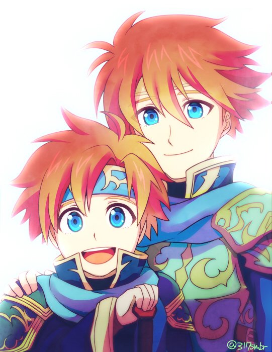 2boys armor blue_eyes cape cosplay durandal_(fire_emblem) eliwood_(fire_emblem) eliwood_(fire_emblem)_(cosplay) father_and_son fire_emblem fire_emblem:_fuuin_no_tsurugi fire_emblem:_rekka_no_ken fire_emblem_heroes headband looking_at_viewer male_focus multiple_boys redhead roy_(fire_emblem) short_hair simple_background smile sword weapon white_background