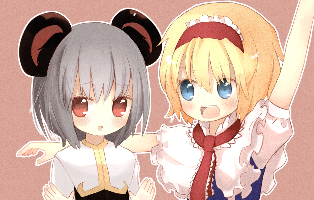 2girls alice_margatroid animal_ears blonde_hair blue_eyes blush cookie_(touhou) eyebrows_visible_through_hair grey_hair hairband ichigo_(cookie) looking_at_another looking_at_viewer miyako_(naotsugu) mouse_ears multiple_girls nazrin nyon_(cookie) open_mouth parted_lips puffy_short_sleeves puffy_sleeves red_eyes short_hair short_sleeves smile touhou upper_body