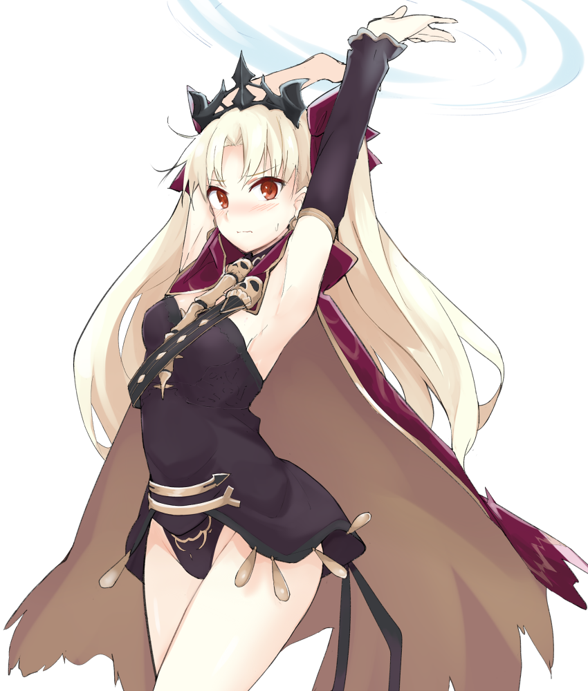 &gt;:( 1boy armpits arms_up bangs black_leotard blonde_hair blush breasts cape closed_mouth cowboy_shot ereshkigal_(fate/grand_order) fate/grand_order fate_(series) groin hair_ribbon impossible_clothes leotard long_hair long_sleeves looking_at_viewer medium_breasts mobu parted_bangs purple_cape purple_ribbon red_eyes ribbon simple_background single_detached_sleeve skull solo standing strapless strapless_leotard thighs tiara tohsaka_rin two_side_up v-shaped_eyebrows visible_air white_background
