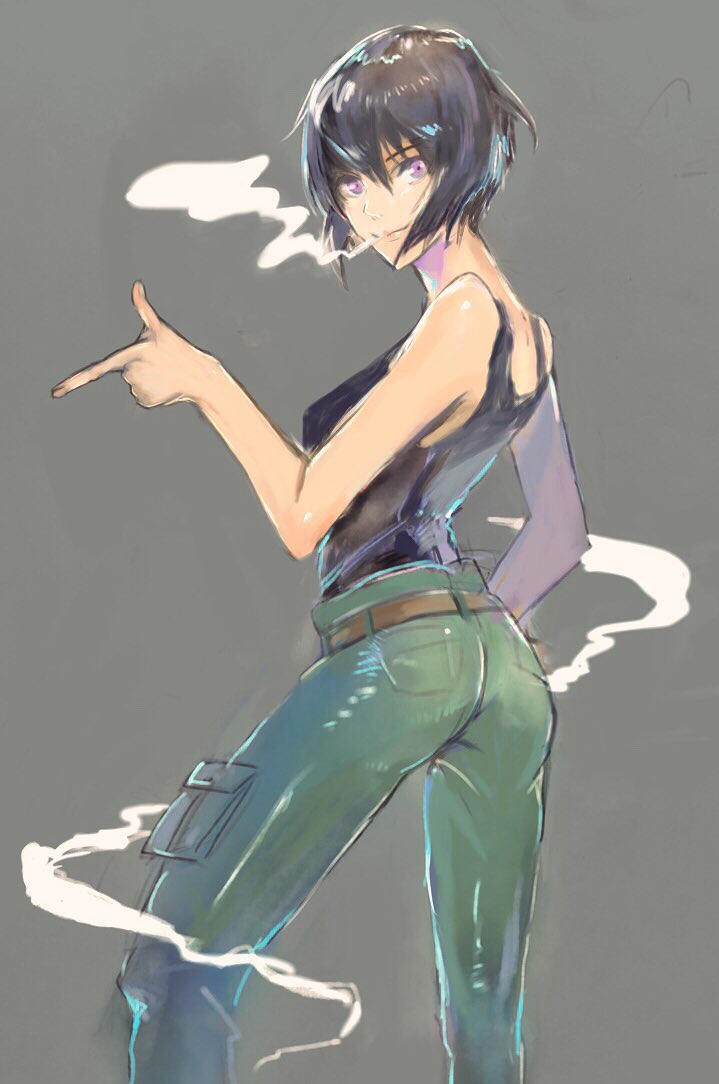 1girl ass bare_shoulders belt black_hair black_tank_top breasts cigarette cowboy_shot finger_gun full_metal_panic! green_pants grey_background hair_between_eyes looking_at_viewer medium_breasts melissa_mao pants short_hair simple_background sketch smile smoking solo tank_top tarako_(shima_natto) violet_eyes