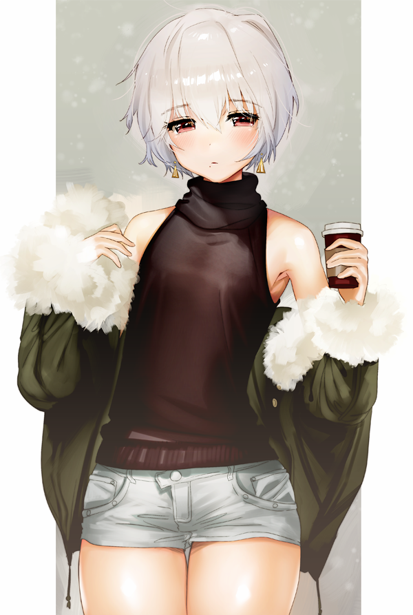 1girl armpits bare_shoulders blush closed_mouth coat cowboy_shot cup earrings fur-trimmed_sleeves fur_trim grey_shorts hair_between_eyes half-closed_eyes holding holding_cup jewelry long_sleeves looking_at_viewer mole mole_under_mouth off_shoulder ogino_atsuki open_clothes open_coat original red_eyes shiny shiny_hair short_hair short_shorts shorts sleeveless sleeveless_turtleneck solo standing thighs turtleneck winter_clothes winter_coat