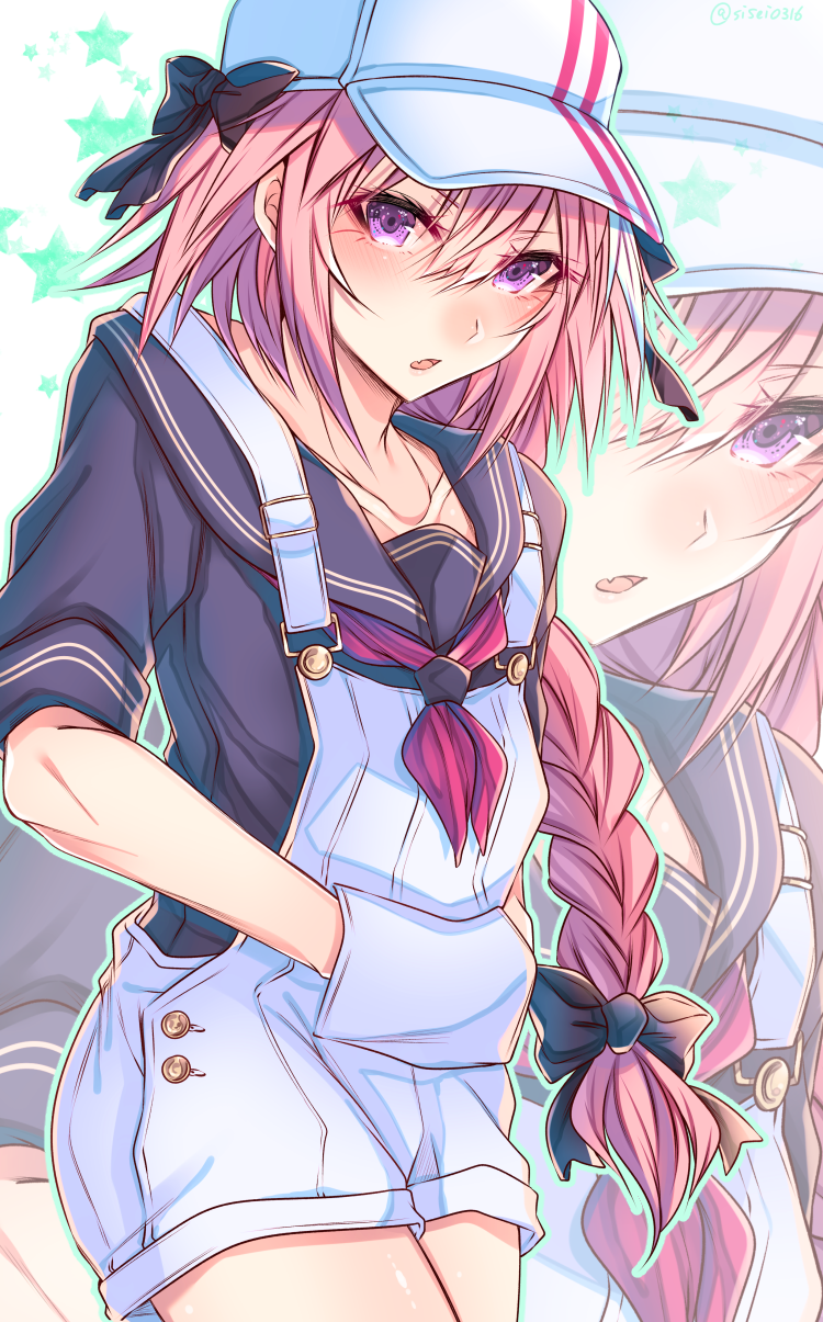 1boy astolfo_(fate) black_bow bow braid fang fate/apocrypha fate_(series) hat headgear highres long_braid long_hair looking_at_viewer male_focus multicolored_hair open_mouth overalls pink_hair shisei_(kyuushoku_banchou) single_braid streaked_hair suspenders trap violet_eyes