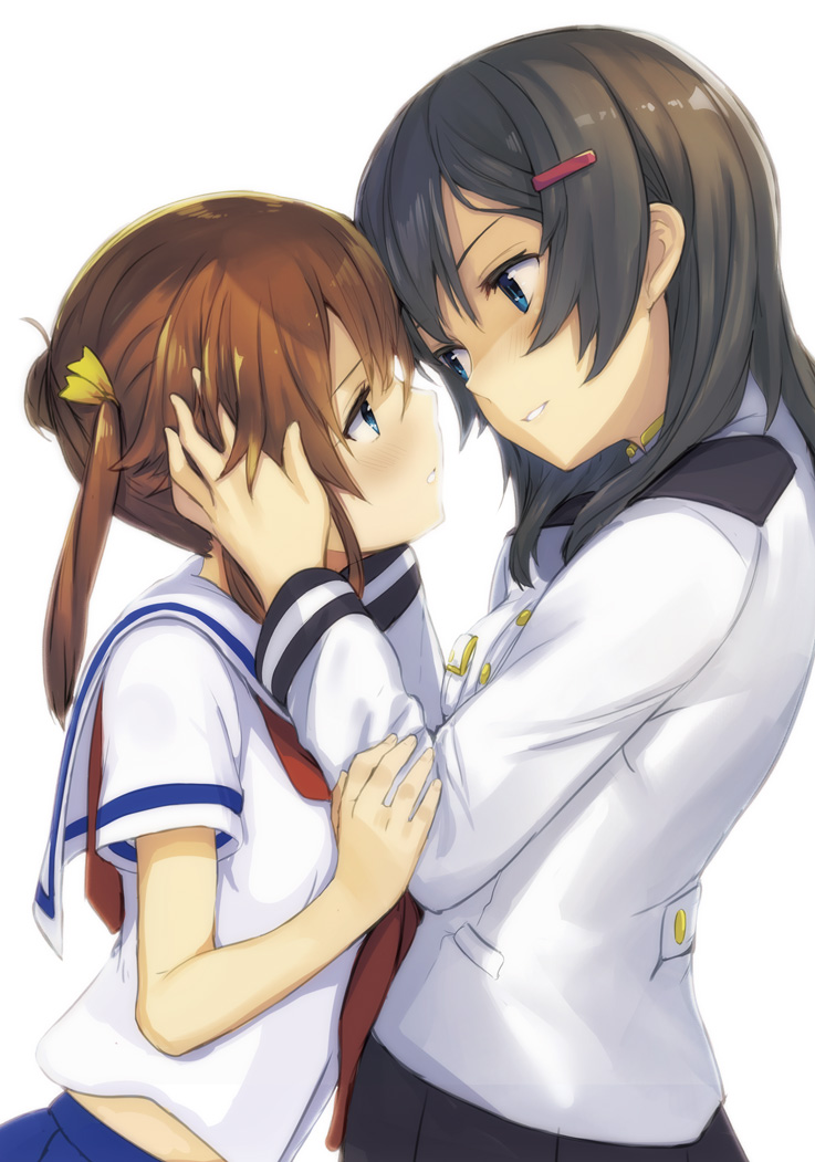 2girls bangs black_hair blue_eyes blush brown_hair china_moeka eye_contact face-to-face hair_ornament hair_ribbon hairclip hands_on_another's_face high_school_fleet imminent_kiss long_hair long_sleeves looking_at_another military military_uniform minutachi misaki_akeno multiple_girls neckerchief parted_lips profile red_neckwear ribbon school_uniform serafuku short_sleeves simple_background skirt twintails uniform upper_body white_background yuri