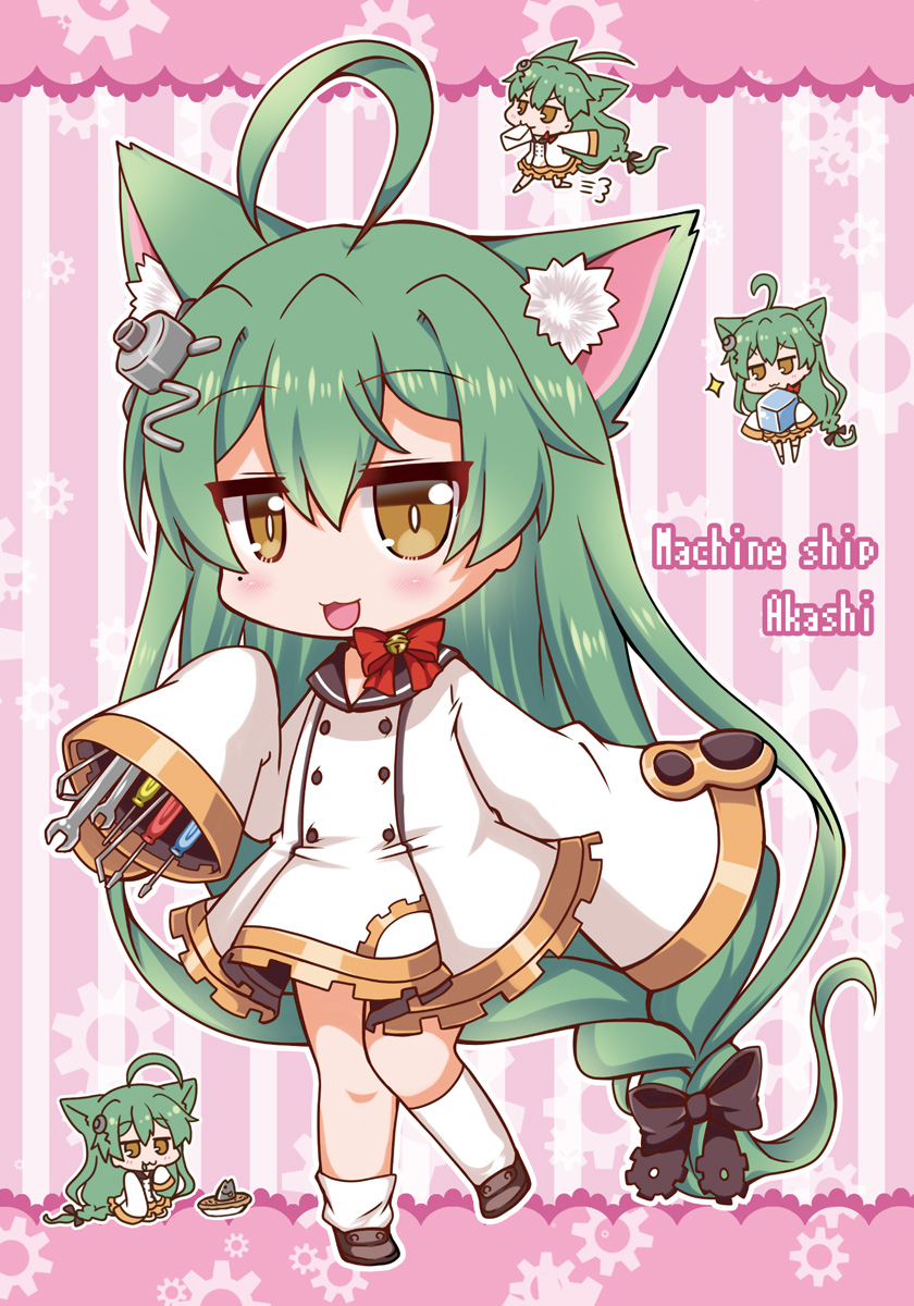 1girl :3 :d akashi_(azur_lane) animal_ears azur_lane bell bell_choker bow braid brown_eyes cat_ears character_name chibi choker commentary_request cube drooling green_hair hair_bow hair_ornament hair_ribbon hairpin highres letter long_hair looking_at_viewer low-tied_long_hair mole mole_under_eye mouth_hold noai_nioshi open_mouth ribbon ribbon_choker screwdriver single_braid sleeves_past_wrists smile solo stargazy_pie wrench