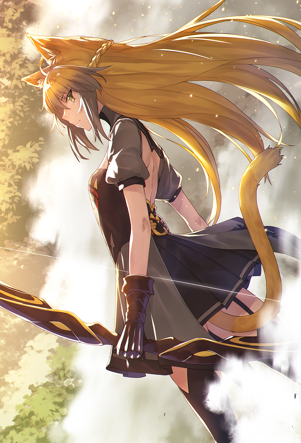 1girl ahoge animal_ears archer_of_red bangs black_dress black_gloves black_legwear blonde_hair bow_(weapon) braid breasts cat_ears cat_tail closed_mouth cowboy_shot dress fate/apocrypha fate_(series) french_braid from_side garter_straps gloves green_eyes green_hair highres ibuki_notsu long_hair looking_at_viewer looking_to_the_side multicolored_hair open-back_dress profile puffy_short_sleeves puffy_sleeves short_sleeves small_breasts solo tail thigh-highs two-tone_hair weapon