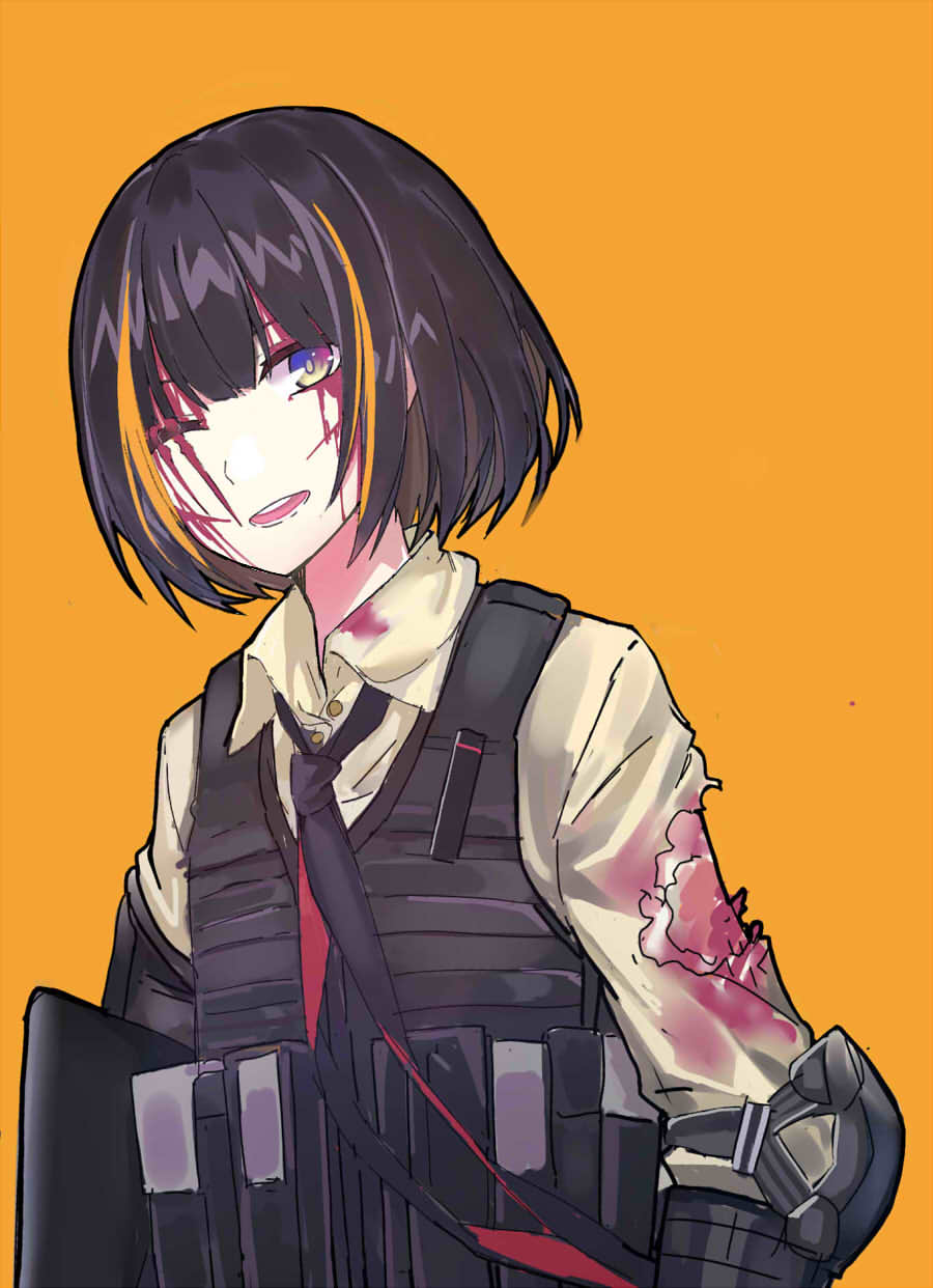 1girl alternate_hairstyle assault_rifle black_hair blonde_hair blood blood_on_face bloody_clothes brown_eyes bulletproof_vest echj elbow_pads eyepatch girls_frontline gun highres injury m16 m16a1_(girls_frontline) multicolored_hair necktie one_eye_closed open_mouth pouch rifle scratches short_hair simple_background solo streaked_hair torn_clothes weapon yellow_background