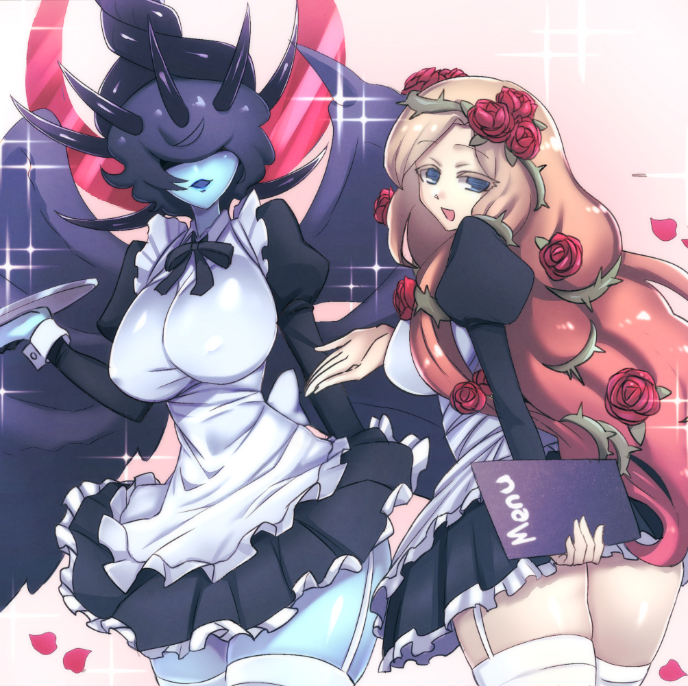 2girls alternate_costume aphrodite_(oreca_battle) apron black_hair black_wings blonde_hair blue_lips blue_skin breasts covering covering_ass crescent dress enmaided facing_viewer flower garter_straps gradient_hair hair_flower hair_ornament hair_over_eyes halo horns impossible_clothes large_breasts long_hair long_sleeves lucifer_the_fallen_angel maid menu microdress multicolored_hair multiple_girls multiple_wings open_mouth oreca_battle pink_hair plant psyche_oreca puffy_long_sleeves puffy_sleeves red_rose rose short_hair smile sparkle spiked_wings spikes thigh-highs thorns tray very_long_hair vines waitress white_apron white_legwear wings zettai_ryouiki