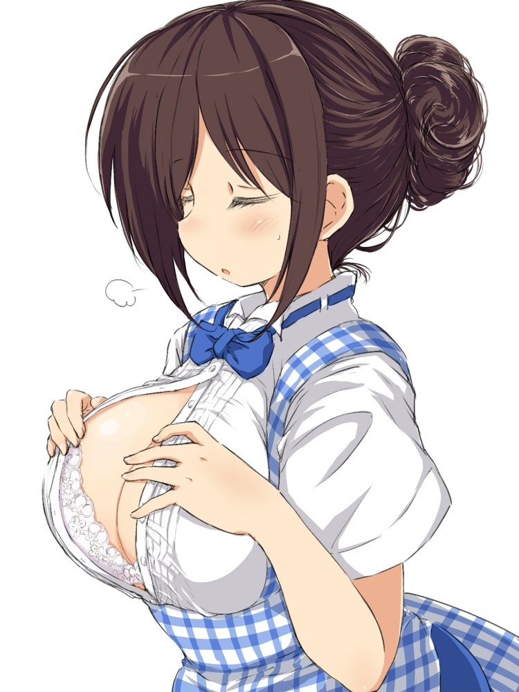 1girl blush bow bowtie bra bra_peek breasts brown_hair cleavage closed_eyes eyebrows_visible_through_hair from_side hair_bun hands_on_own_chest high-waist_skirt large_breasts naitou_kouse open_clothes original partially_unbuttoned plaid short_hair sigh simple_background skirt solo sweatdrop underbust underwear waitress white_background white_bra