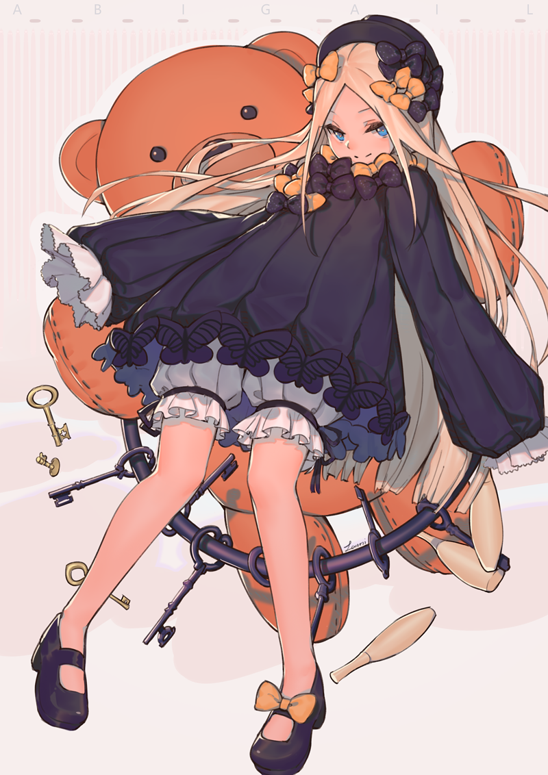 1girl abigail_williams_(fate/grand_order) bangs black_bow black_dress black_footwear black_hat blonde_hair bloomers blue_eyes bow butterfly character_name closed_mouth commentary_request dress fate/grand_order fate_(series) hair_bow hands_in_sleeves hat key lanzi_(415460661) long_hair long_sleeves looking_at_viewer orange_bow parted_bangs polka_dot polka_dot_bow shoes smile solo stuffed_animal stuffed_toy teddy_bear underwear very_long_hair white_bloomers