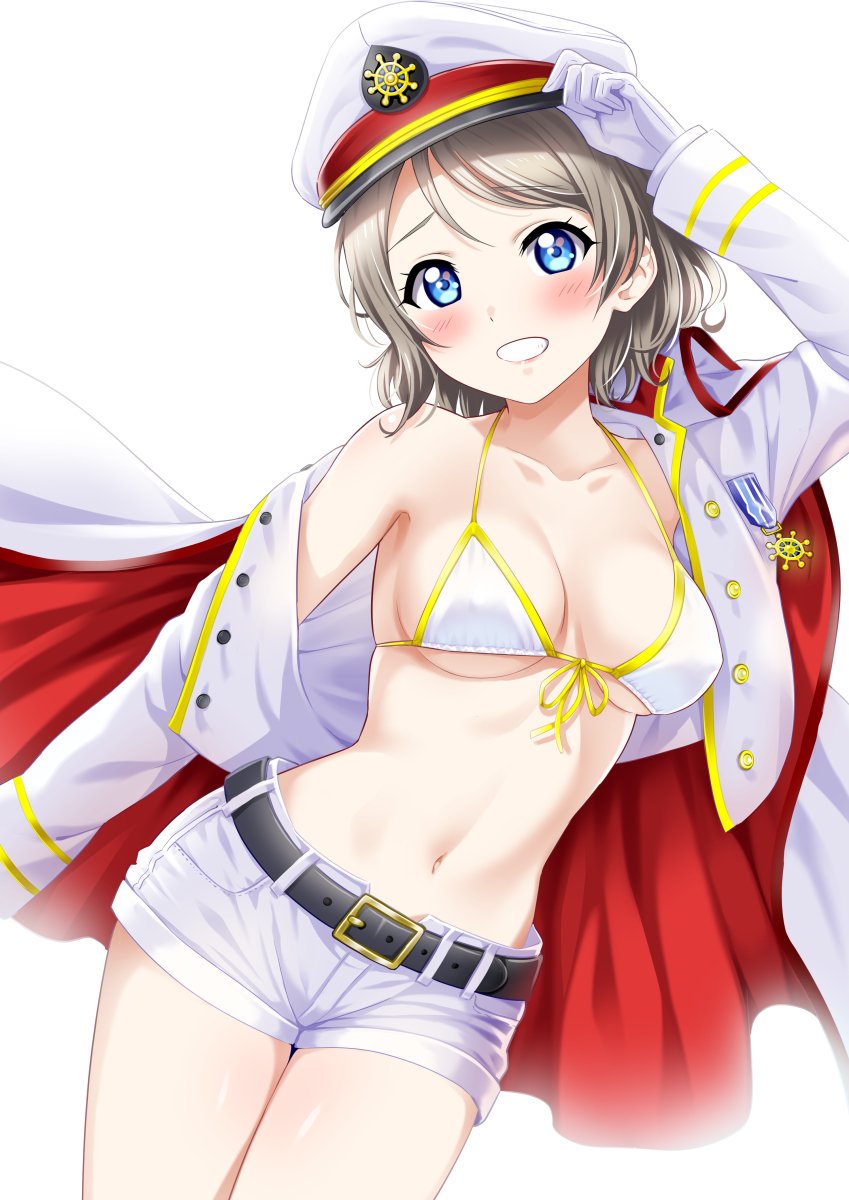 1girl bare_shoulders belt bikini blue_eyes blush breasts buckle cape collar gloves grey_hair grin hat highres long_sleeves looking_at_viewer love_live! love_live!_sunshine!! medium_breasts midriff navel open_clothes open_shirt peaked_cap rozen5 short_hair short_shorts shorts simple_background smile solo swimsuit under_boob watanabe_you white_background white_bikini_top white_gloves