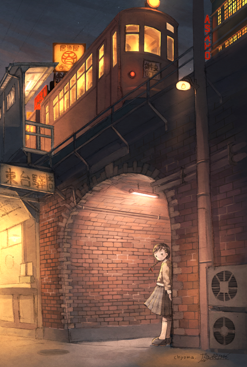 1girl arch braid brick_wall brown_hair ceiling_light commentary_request ground_vehicle hair_ornament hairclip highres jitome kneehighs long_hair long_sleeves looking_at_viewer night original outdoors pleated_skirt pochi_(poti1990) scenery shoes sign signature skirt solo standing train train_station white_legwear