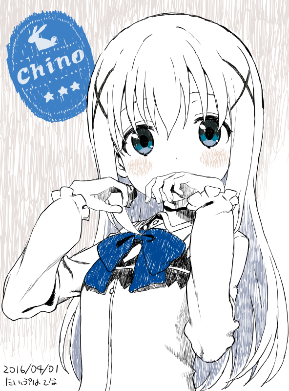 1girl blouse blue_eyes blue_neckwear blush bow bowtie character_name gochuumon_wa_usagi_desu_ka? hair_ornament hands_up kafuu_chino long_hair looking_at_viewer rabbit_house_uniform sketch solo spot_color typehatena upper_body vest x_hair_ornament